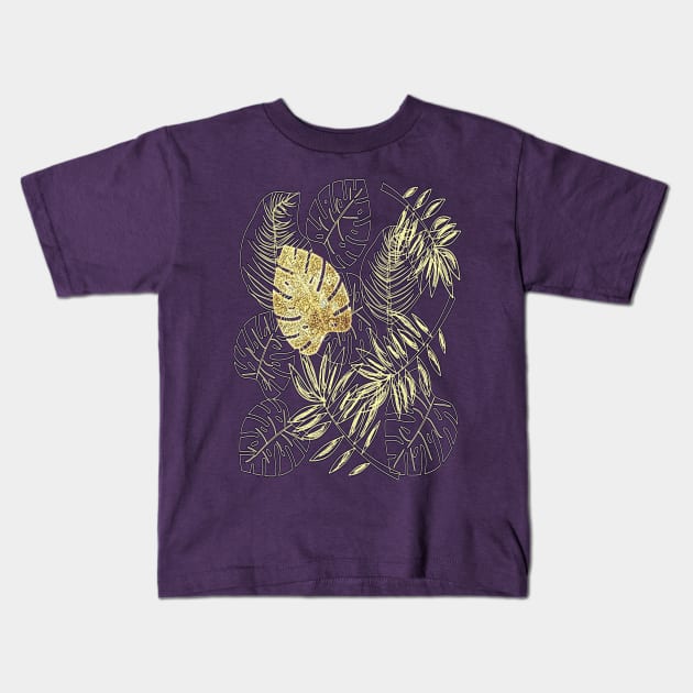 Tropical Leaves with Gold Monstera (Ultra Violet) Kids T-Shirt by RoxanneG